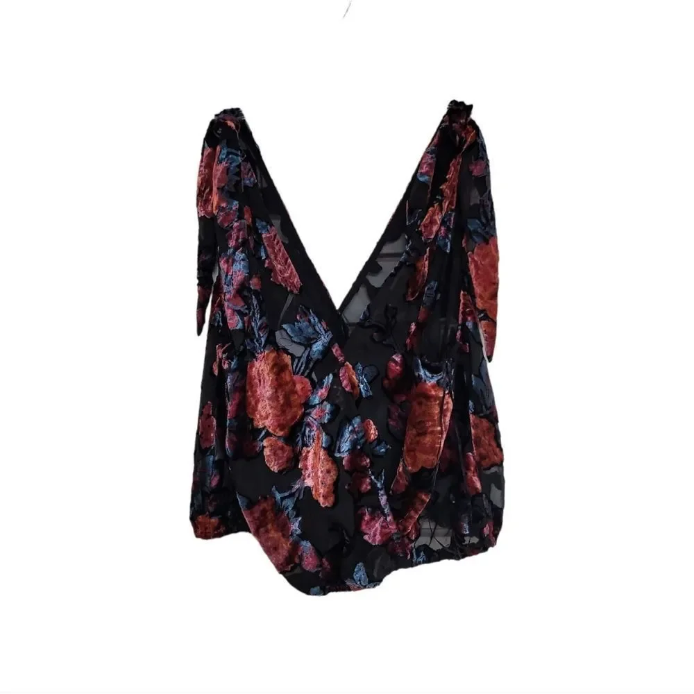 FREE PEOPLE “Tied‎ to You” Floral Velvet V-Neck Tie Shoulder Sleeveless Tank